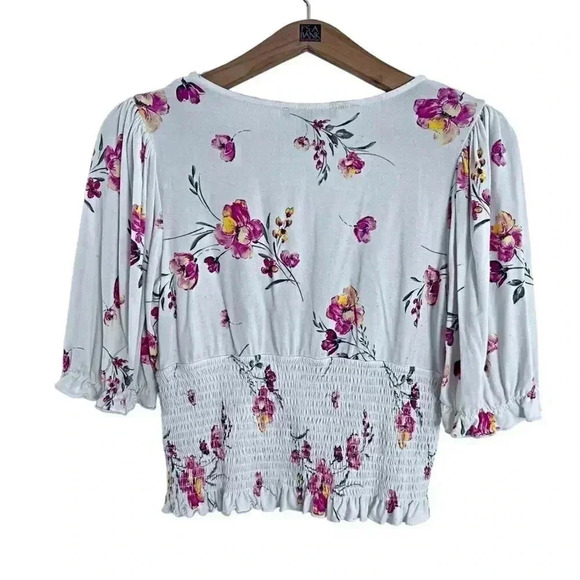 ❤️ 3/$15 Forever 21 White Pink Floral Puff Sleeve Crop Top Peasant Blouse Size L - Picture 3 of 5